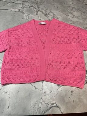 Zara Bright Pink Openwork Knit Short Cardigan